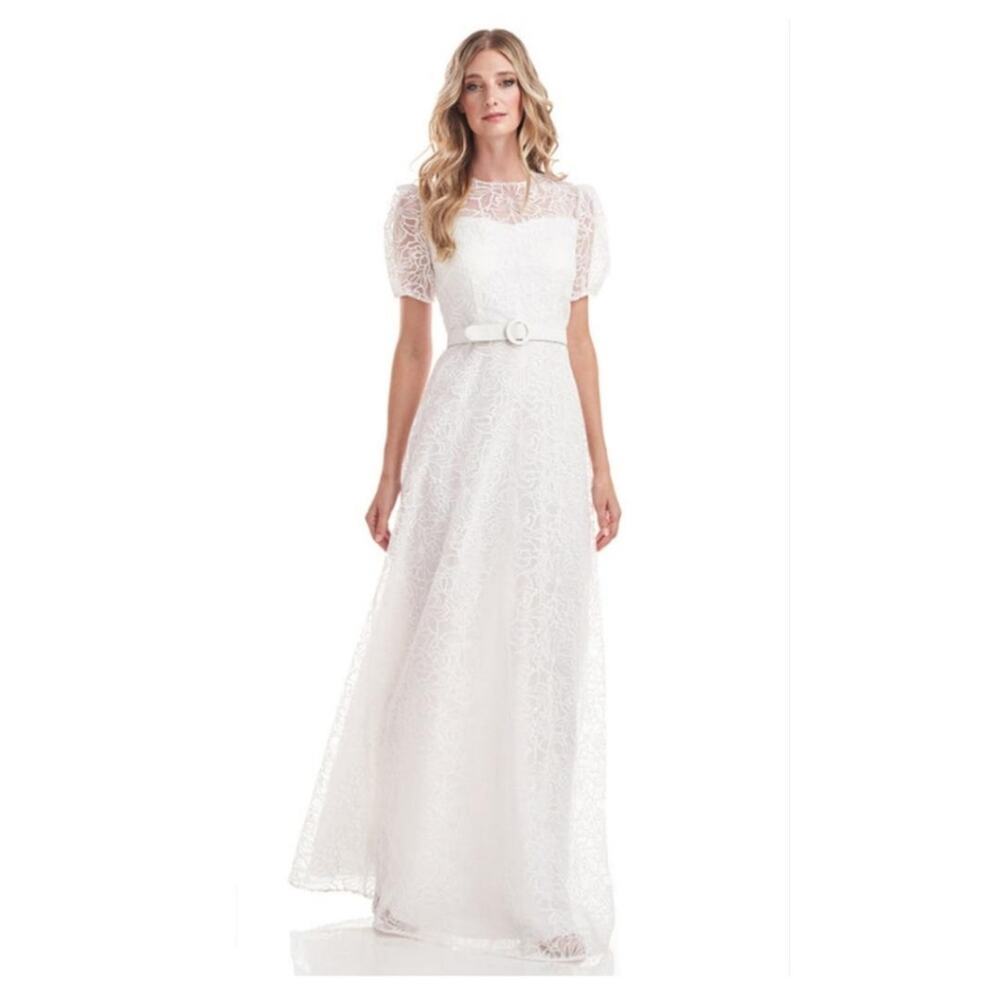 Kay Unger Wynonna Illusion Gown with Belt Organza Embroidered Floral in White
